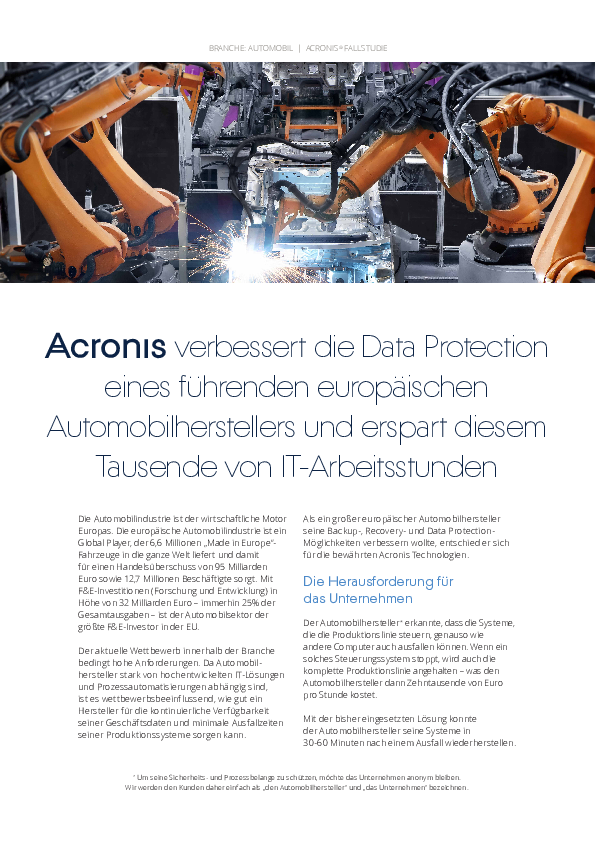 Acronis verbessert die Data Protection eines führenden europäischen Automobilherstellers und erspart diesem Tausende von IT-Arbeitsstunden