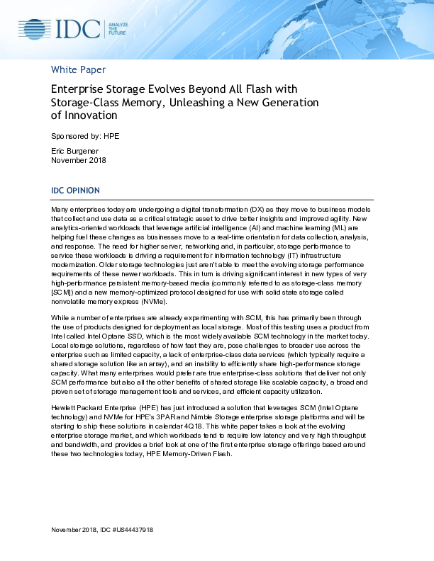 Enterprise Storage Evolves Beyond All Flash with Storage-Class Memory, Unleashing a New Generation of Innovation