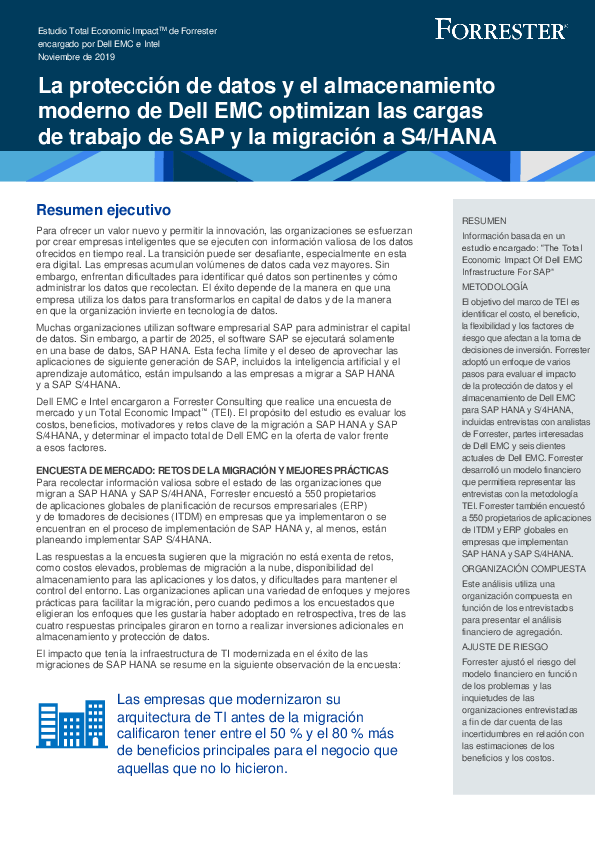 La protección de datos y el almacenamiento  moderno de Dell EMC optimizan las cargas  de trabajo de SAP y la migración a S4/HAN