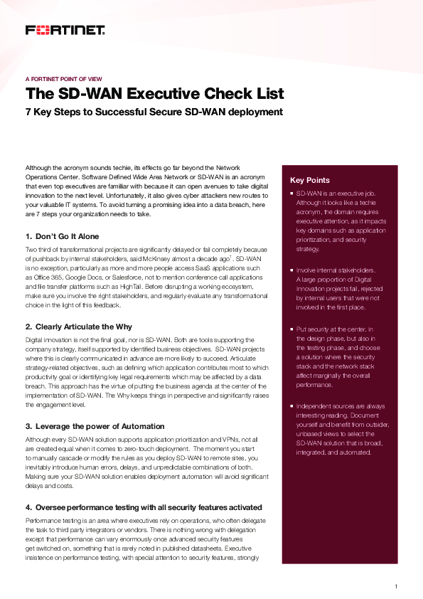 The SD-WAN Executive Check List - 7 Key Steps to Successful Secure SD-WAN deployment        