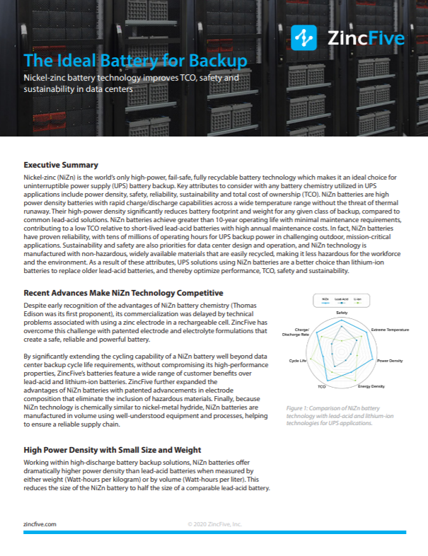 The Ideal Battery for Backup: Nickel-zinc battery technology improves TCO, safety and sustainability in data centers