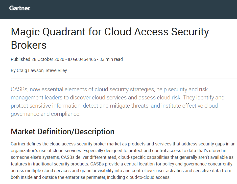 Gartner Magic Quadrant CASB 2020 Report