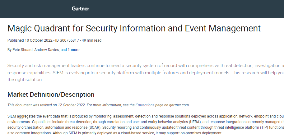 2022 Gartner Magic Quadrant for SIEM