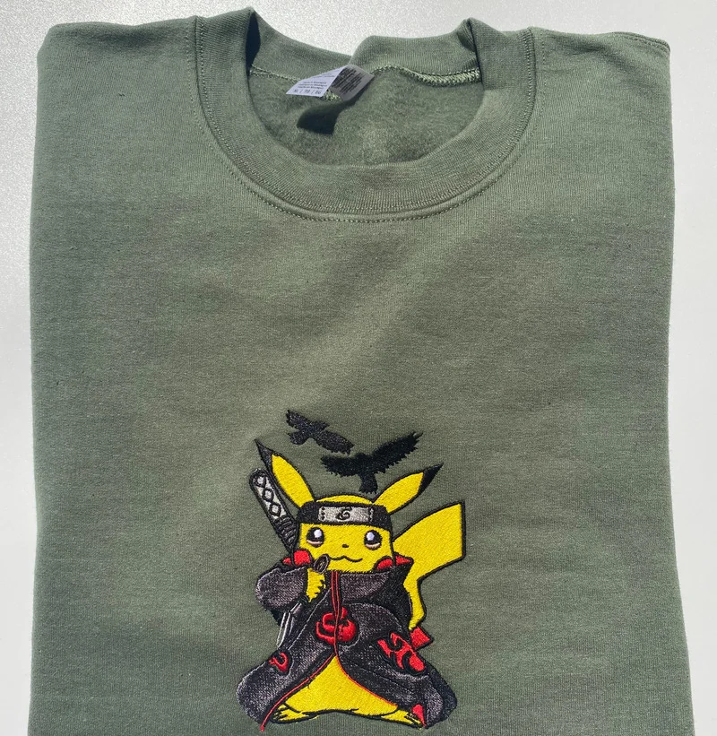 Sweatshirt brodé sans capuche kaki Pikachu akatsuki Naruto animé manga