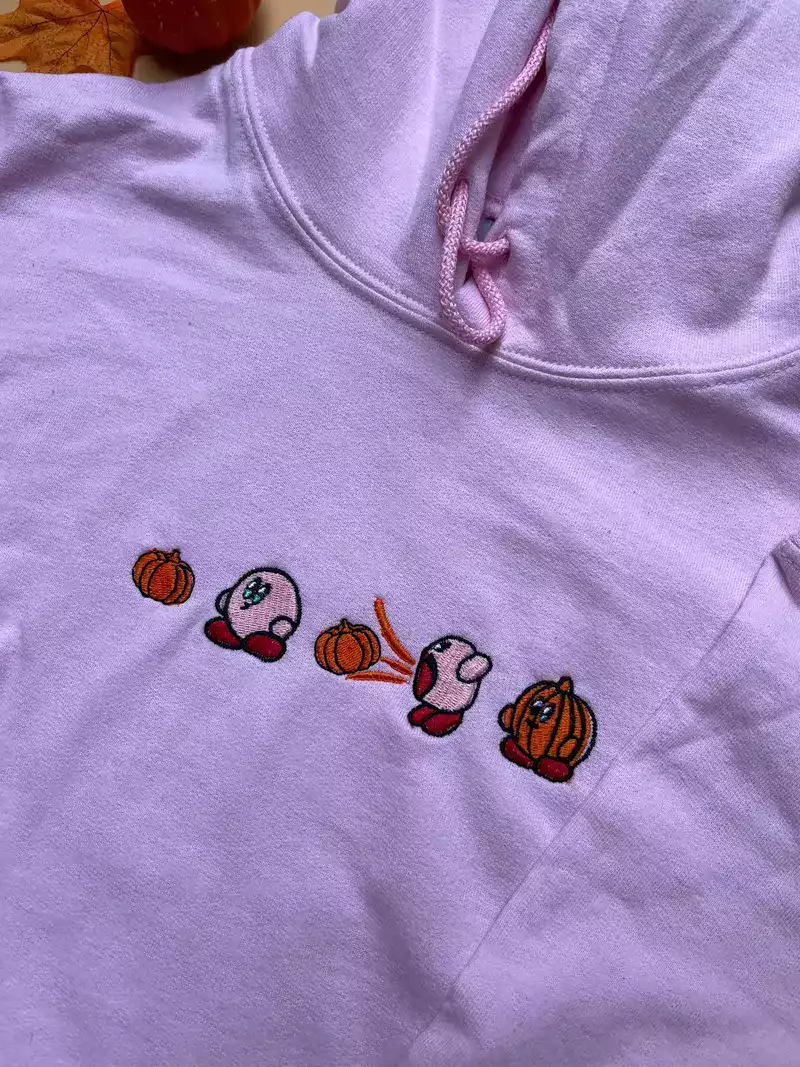sweatshirt à capuche brodé rose kirby manga animé nintendo mignon halloween automne 2024 citrouille