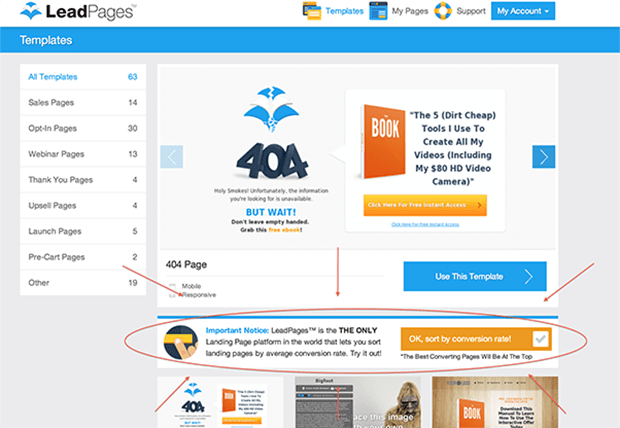LeadPages is the only landing page platform that lets you sort through all our templates by their conversion rate.