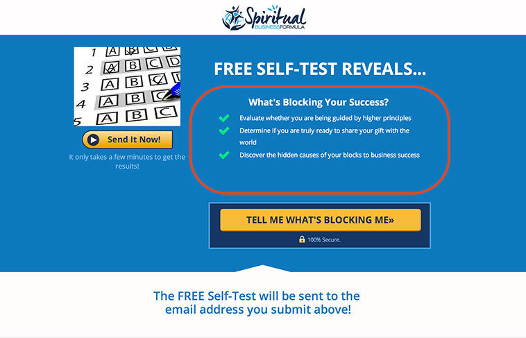 LeadPages users, Maggie and Nigel Percy used the new Perfect Squeeze Page from Justin Brooke to create this self-test opt-in page for Spiritual Business Formula.