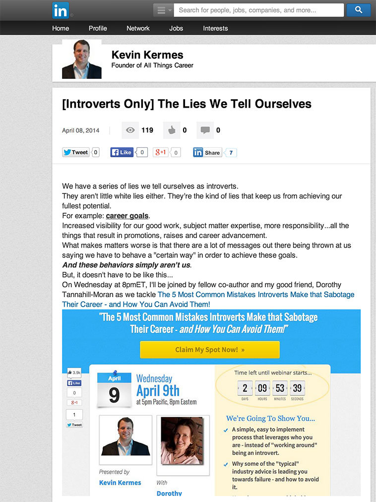 Check out this brilliant use of Linkedin post to drive traffic back to this Webinar 2.0 Registration page.