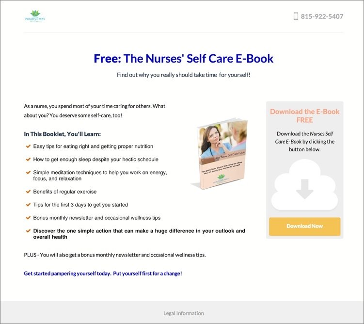 Positive Way Wellness markets their free ebook with the Enterprise Lead Gen Page.