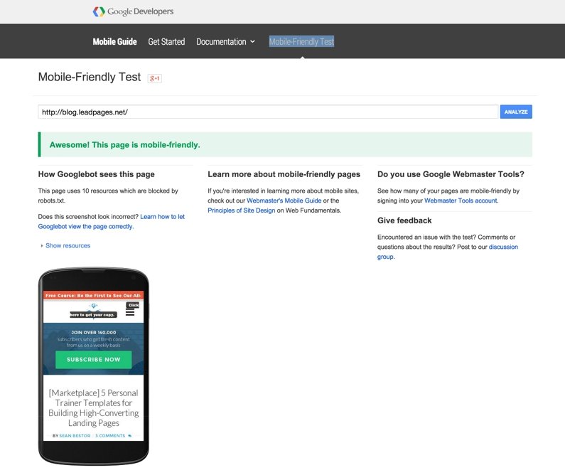 The LeadPages™ Blog registers as mobile-friendly