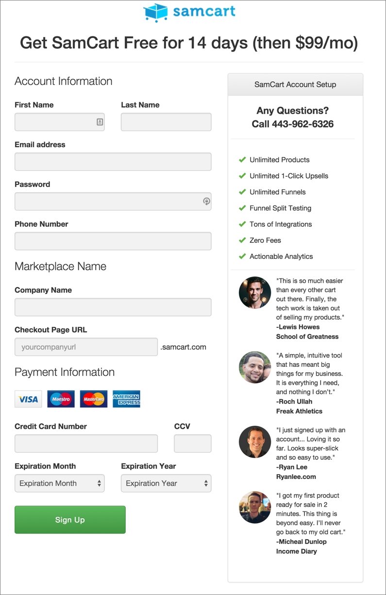 SamCart uses testimonials from happy customers on their checkout page.