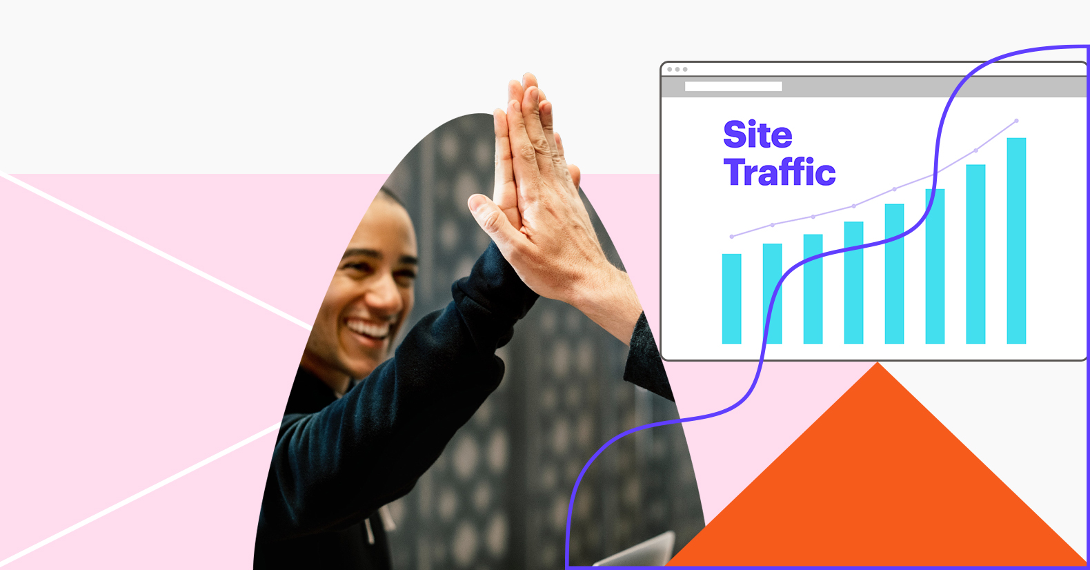 illustration of a man high-fiving another, plus an analytics chart