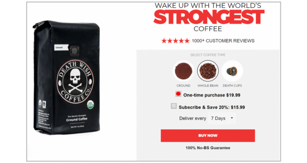 one click upsell Death Wish Coffee subscription modal