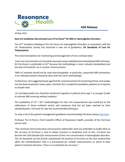 ASX:RHT - New UK Standards recommend FerriScan