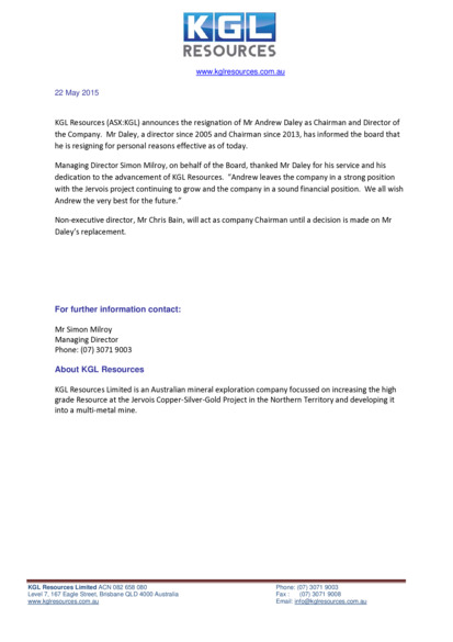 ASX:KGL - Chairman Resignation