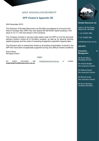 ASX:RTR - Close of SPP & Appendix 3B