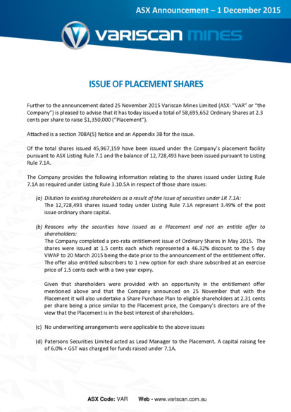 ASX:VAR - Issue of Placement Shares and Appendix 3B