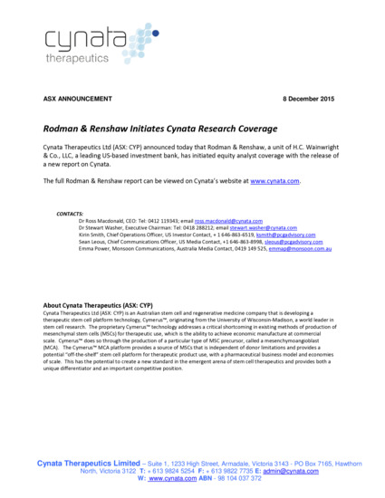 ASX:CYP - Rodman & Renshaw Initiates Cynata Research Coverage