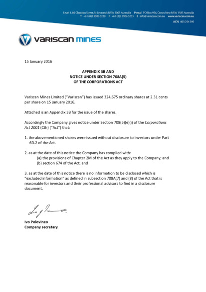 ASX:VAR - s708 Notice and Appendix 3B