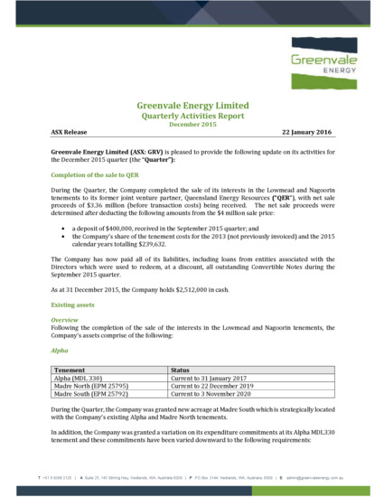 ASX:GRV - Quarterly Activities Report