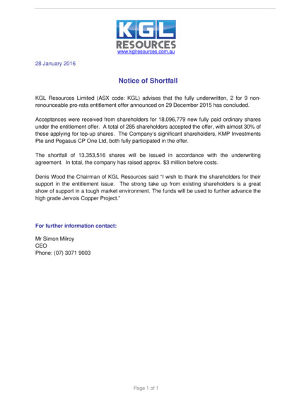 ASX:KGL - Notice of Shortfall