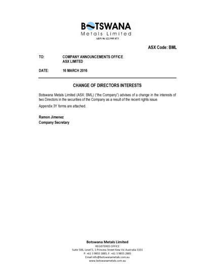 ASX:BML - Change of Director's Interests