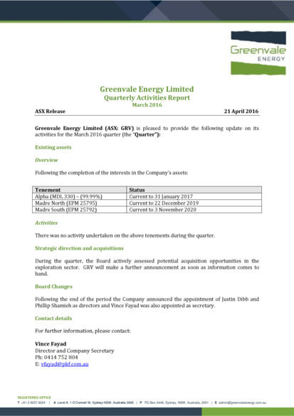 ASX:GRV - Quarterly Activities & Cashflow Report