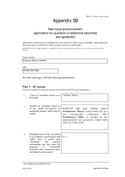 ASX:VAR - Appendix 3B