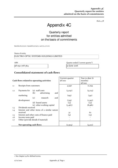 ASX:EOS - Appendix 4C - quarterly