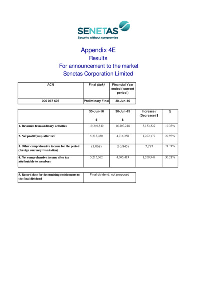 ASX:SEN - Appendix 4E - Preliminary Final Report