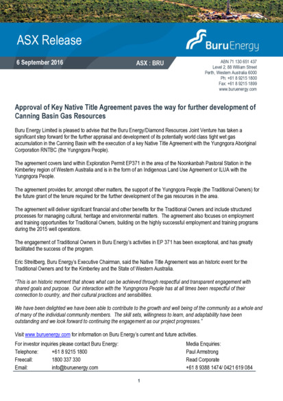 ASX:BRU - Approval of Key Native Title Agreement