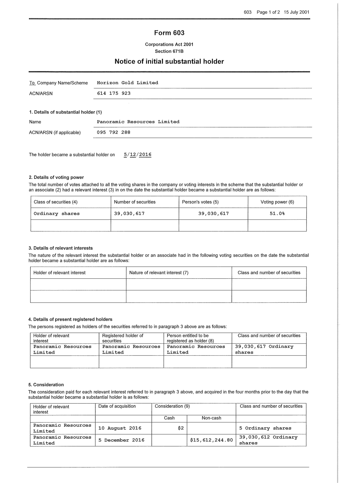 ASX:HRN - Form 603 - Initial Substantial Holder from PAN