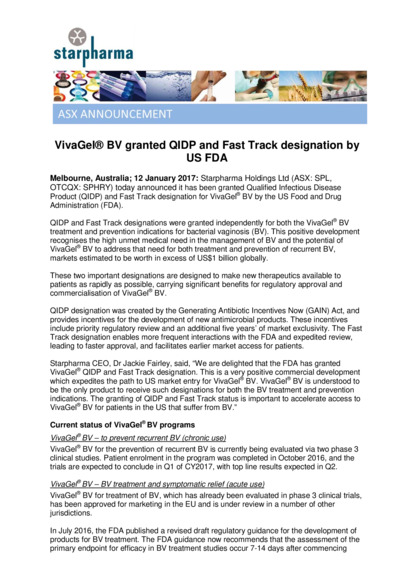 ASX:SPL - VivaGel BV granted QIDP and Fast Track designation by US FDA