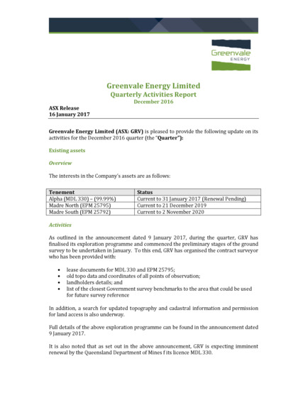 ASX:GRV - Quarterly Activities & Cashflow Report