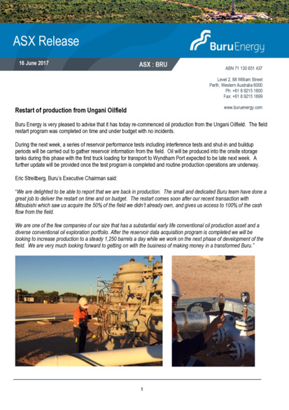 ASX:BRU - Restart of production from Ungani Oilfield