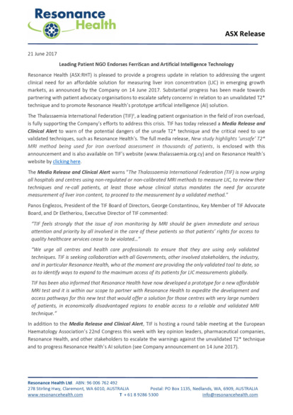 ASX:RHT - Leading Patient NGO Endorses FerriScan and AI Technology