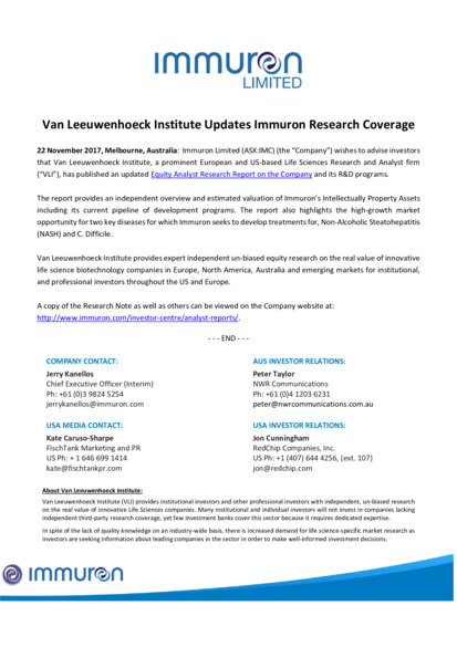 ASX:IMC - Van Leeuwenhoeck Institute Updates Immuron Research Coverage