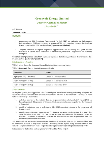 ASX:GRV - Quarterly Activities & Cashflow Report