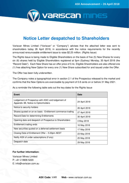 ASX:VAR - Notice Letter to Shareholders
