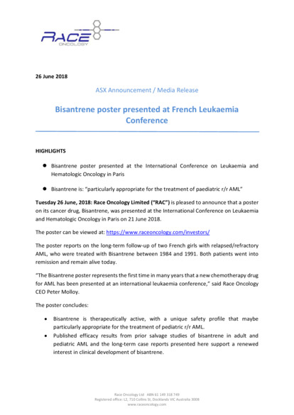 ASX:RAC - Bisantrene poster presented at French Leukaemia Conference