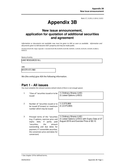 ASX:LKE - Appendix 3B