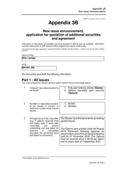 ASX:WZR - Appendix 3B