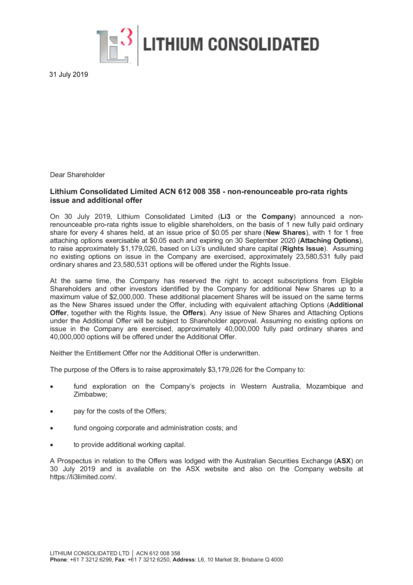 ASX:TEM - Rights Issue letter to ineligible shareholders