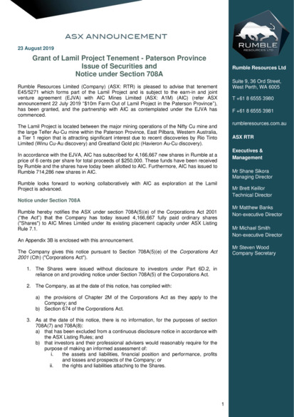 ASX:RTR - Lamil Project Update, Placement and Appendix 3B