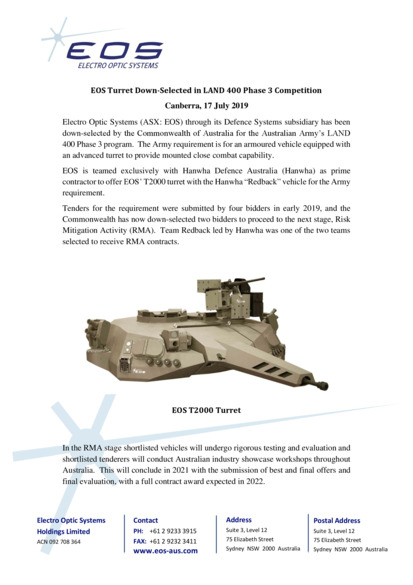 ASX:EOS - EOS Turret Down-Selected in LAND 400 Phase 3 Competition