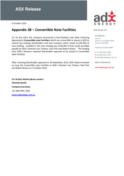 ASX:ADX - Appendix 3B