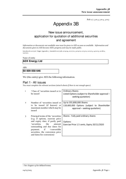 ASX:ADX - Appendix 3B