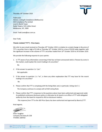 ASX:TTT - Response to ASX Price Query