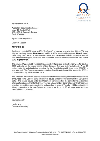 ASX:AQD - Appendix 3B