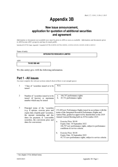 ASX:IRI - Appendix 3B